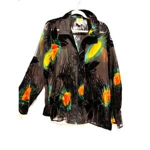 Vintage Silk Brown button down top Fairy Whimsigoth‎ Floral Burnout Womens XL